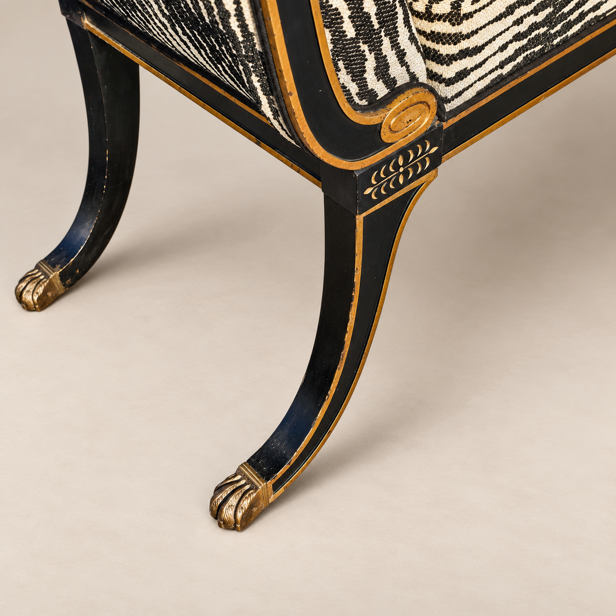 Maison Jansen–Style Neoclassical Ebonized and Gilt Window Settee in Castel Baobab Fabric