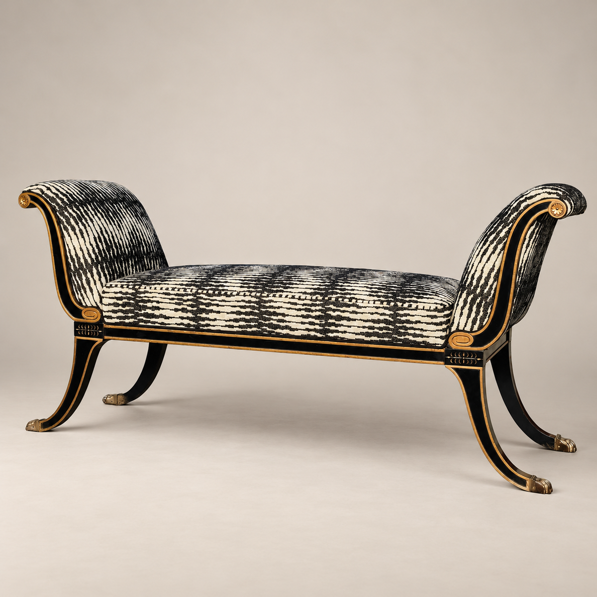 Maison Jansen–Style Neoclassical Ebonized and Gilt Window Settee in Castel Baobab Fabric