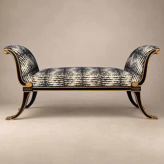 Maison Jansen–Style Neoclassical Ebonized and Gilt Window Settee in Castel Baobab Fabric