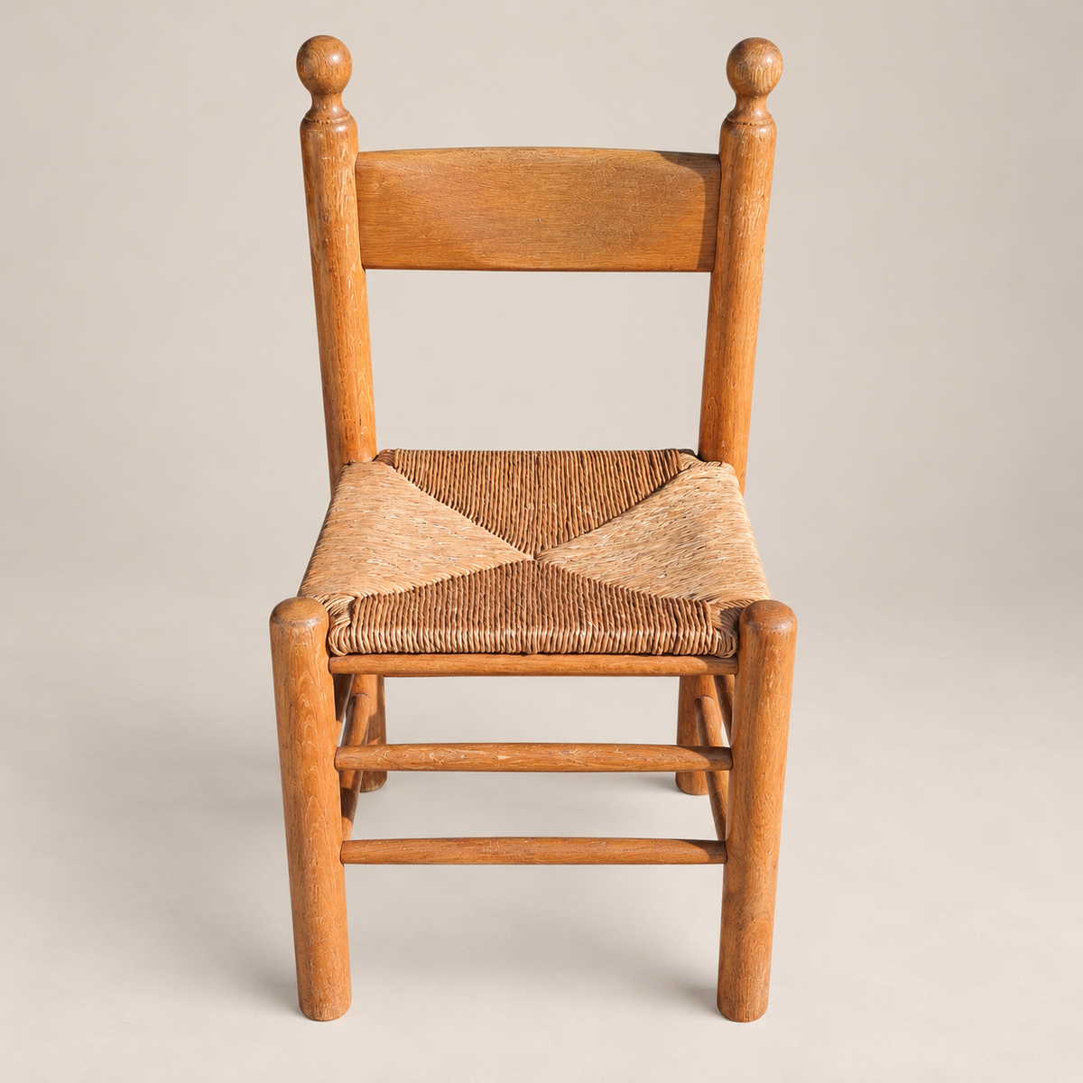 Pair of 1970s Brutalist Oak and Rush Dining Chairs in the Style of Vico Magistretti