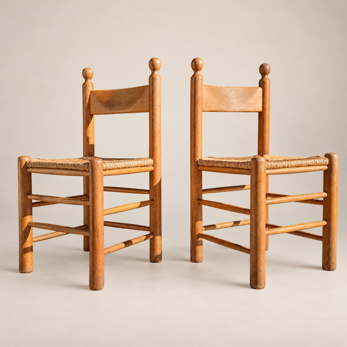 Pair of 1970s Brutalist Oak and Rush Dining Chairs in the Style of Vico Magistretti