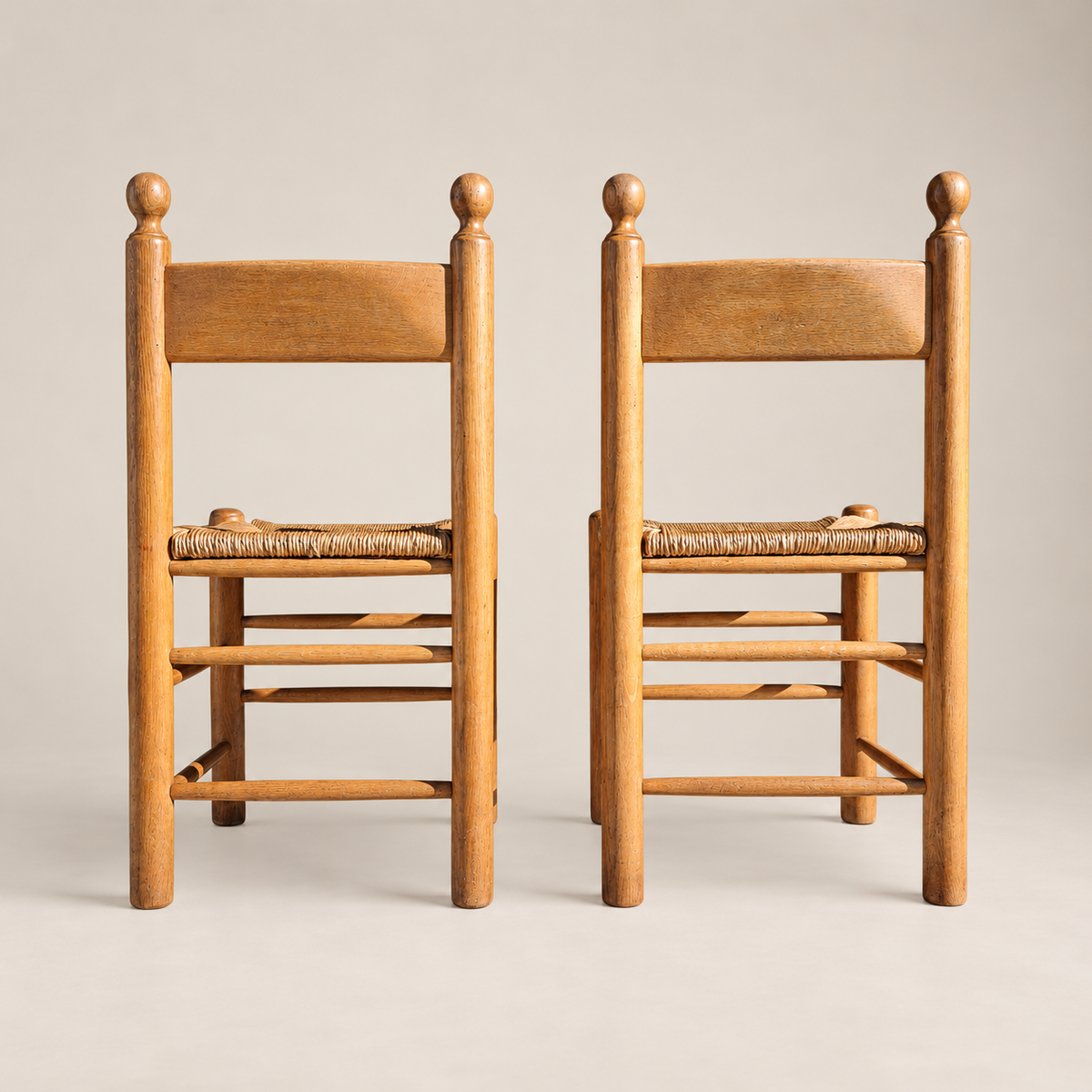 Pair of 1970s Brutalist Oak and Rush Dining Chairs in the Style of Vico Magistretti