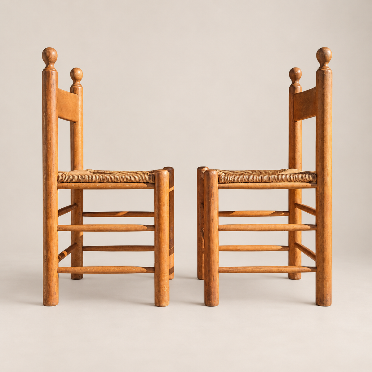Pair of 1970s Brutalist Oak and Rush Dining Chairs in the Style of Vico Magistretti