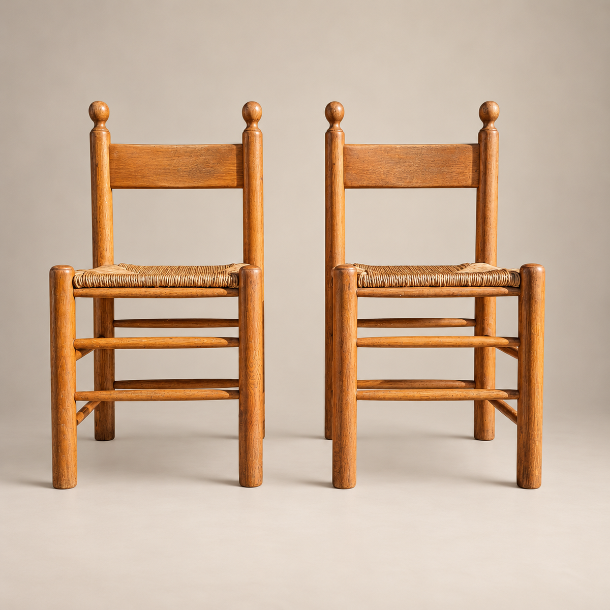 Pair of 1970s Brutalist Oak and Rush Dining Chairs in the Style of Vico Magistretti