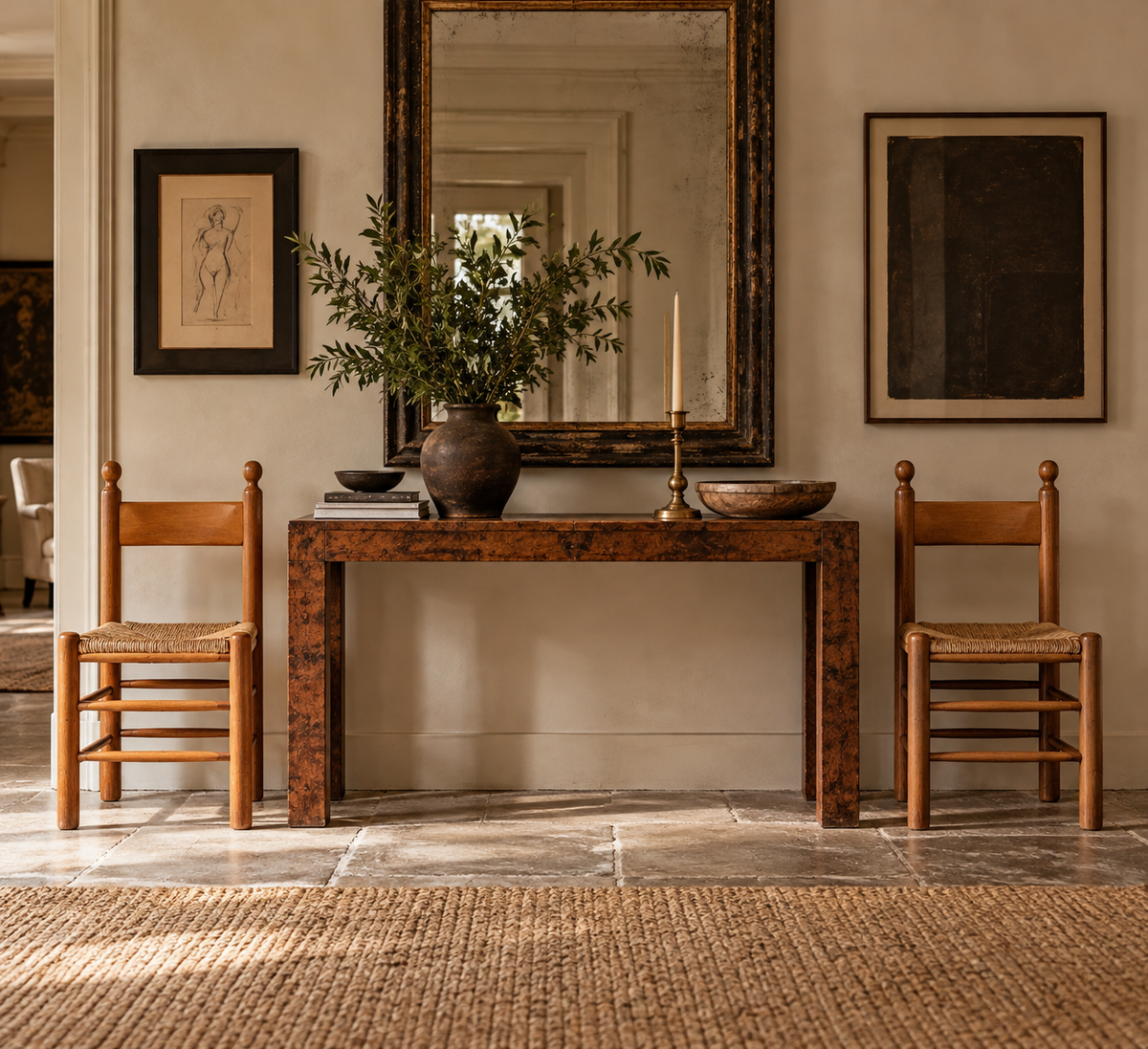Pair of 1970s Brutalist Oak and Rush Dining Chairs in the Style of Vico Magistretti
