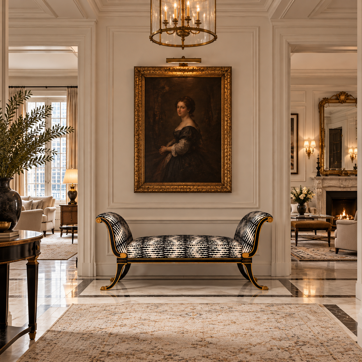 Maison Jansen–Style Neoclassical Ebonized and Gilt Window Settee in Castel Baobab Fabric