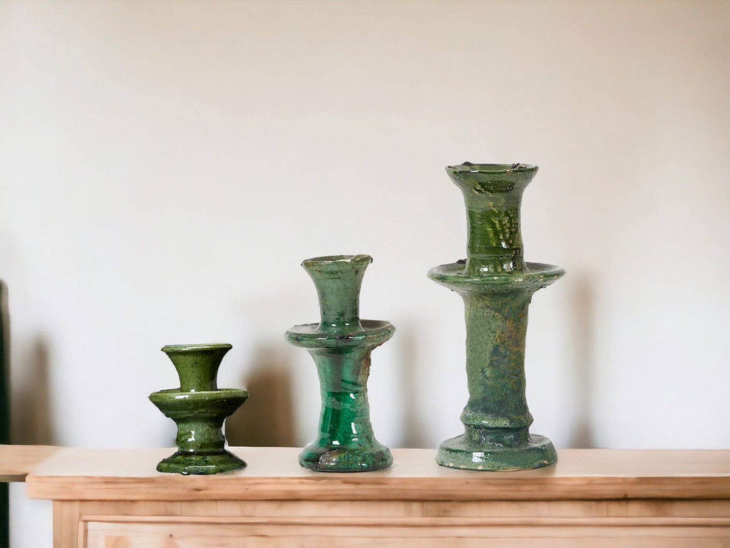 Handmade Moroccan Vintage Tamegroute Green Candlestick Holders: Set of 3 Ceramic Glazed Pottery