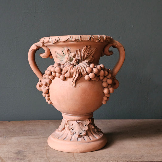 Vintage Hand Sculpted Ceramic Urn with Grape Cluster Motif