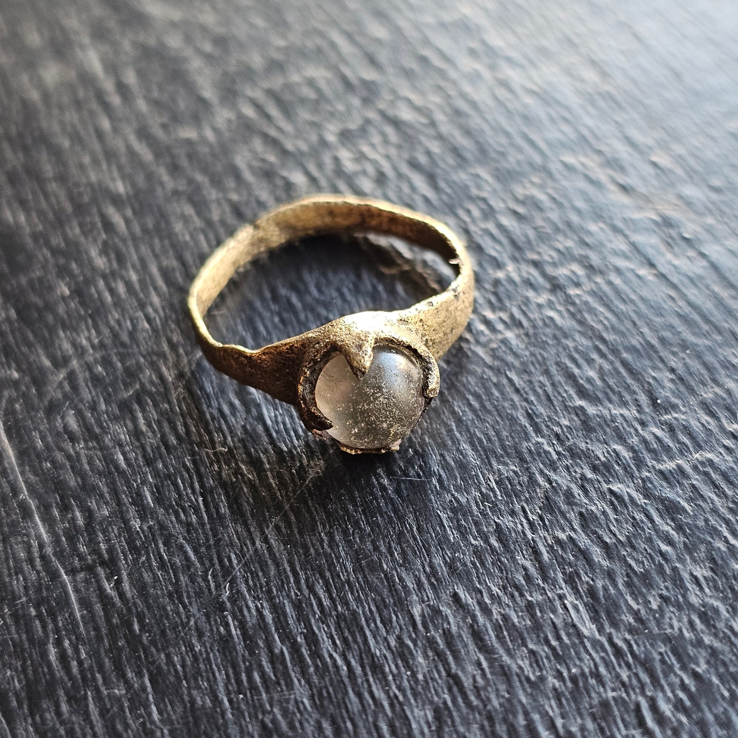 Roman Bronze Ring with Glass Stone in Claw Setting, Size 8