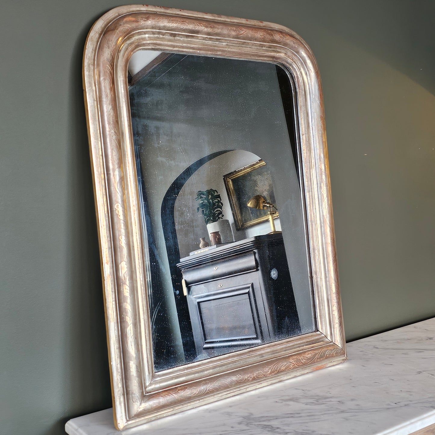 Late 19th Century French Louis Philippe Style Silver Gilded Mirror With Incised Floral Design