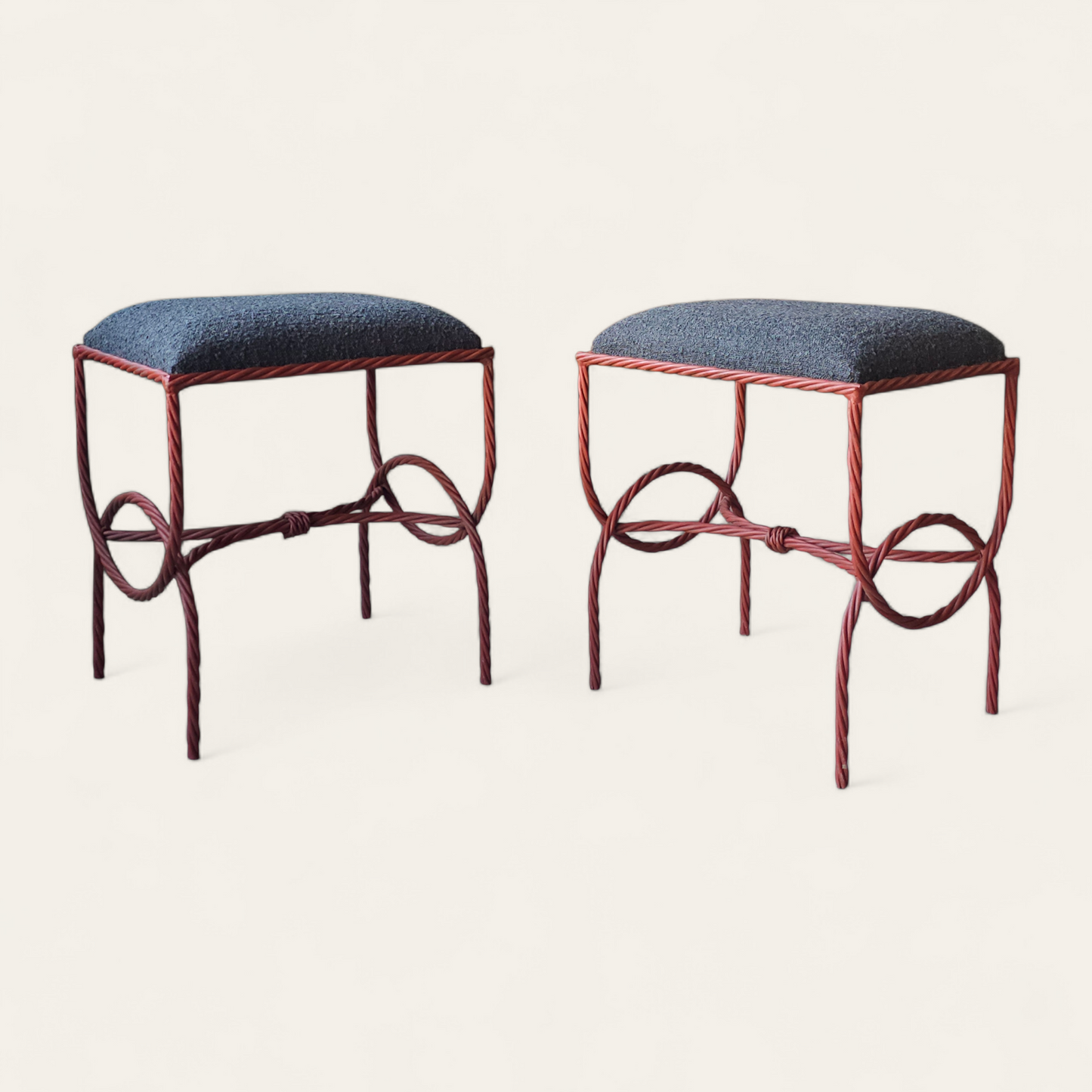 Pair Mid-20th Century American Twisted Iron Benches with Boucle Cushions