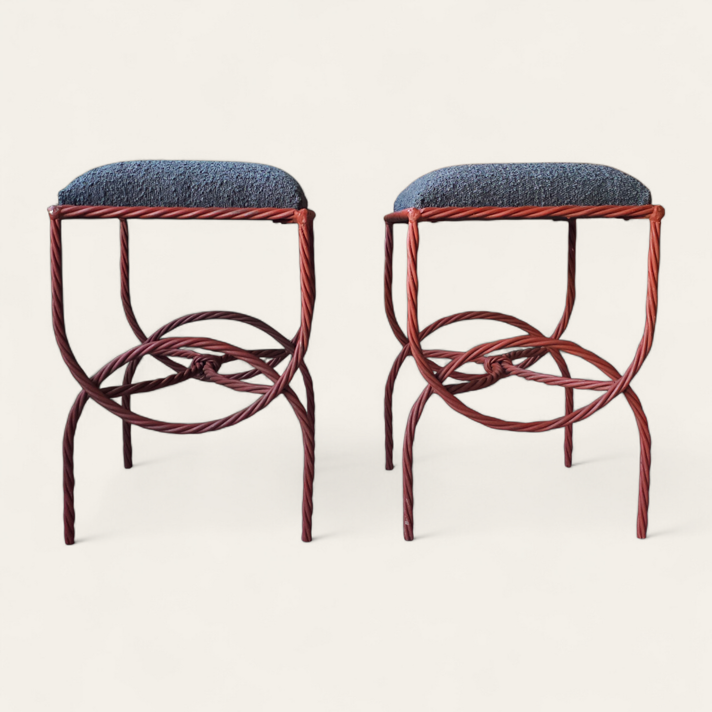 Pair Mid-20th Century American Twisted Iron Benches with Boucle Cushions