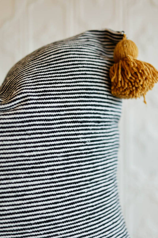 Pom Pom Pillow Cover – Black & White Stripe w/ Mustard (20″×20″)