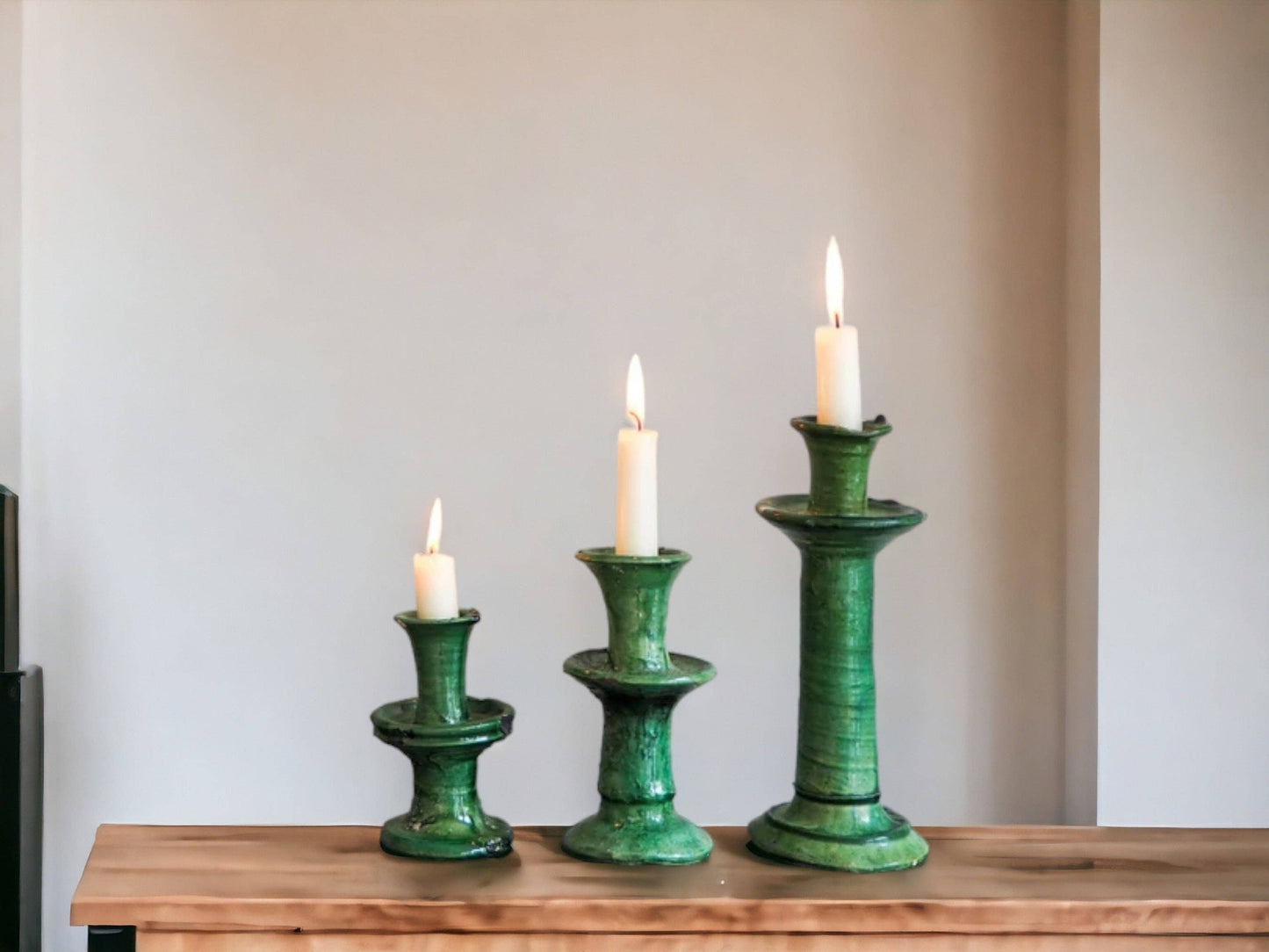 Handmade Moroccan Vintage Tamegroute Green Candlestick Holders: Set of 3 Ceramic Glazed Pottery