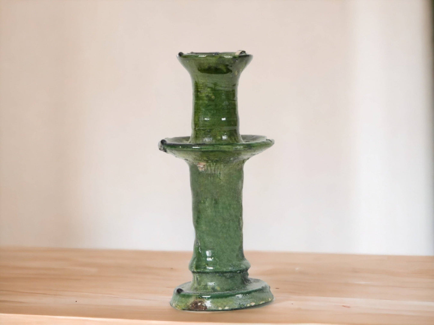 Handmade Moroccan Vintage Tamegroute Green Candlestick Holders: Set of 3 Ceramic Glazed Pottery