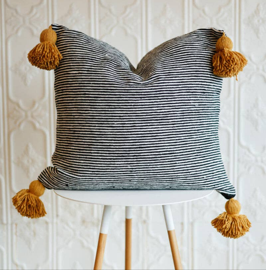 Pom Pom Pillow Cover Black+White Stripe w. Mustard: 20 x 20"