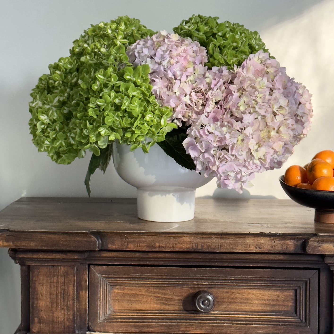 Two Toned Hydrangeas in Compote for Valentine's Day