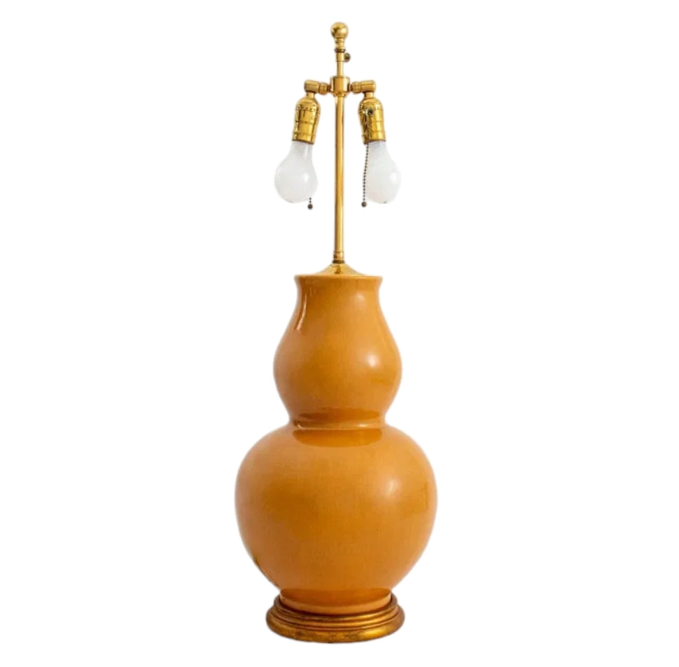 Mid 20th Century Yellow Double Gourd Ceramic Vase Lamp in the Style of Christopher Spitzmiller