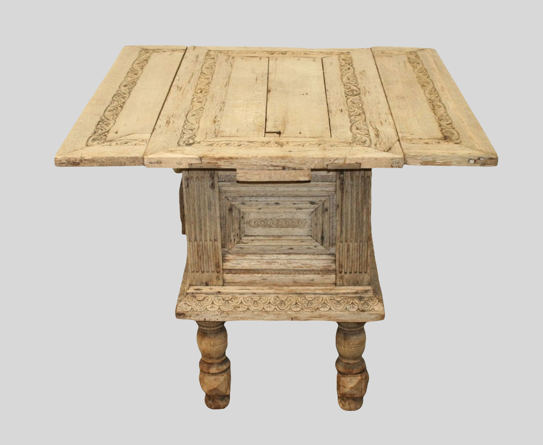 19th C English Draw Leaf Pedestal Table in Carved Oak