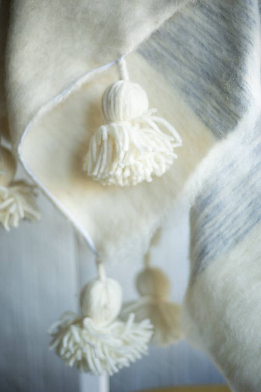 Moroccan PomPom Wool Throw Blanket - Grey + White