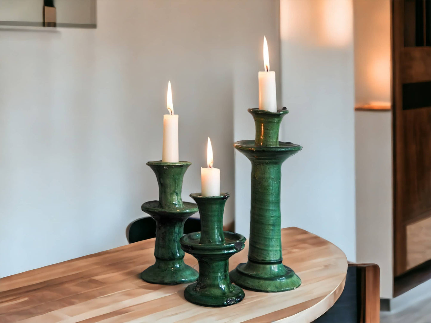 Handmade Moroccan Vintage Tamegroute Green Candlestick Holders: Set of 3 Ceramic Glazed Pottery