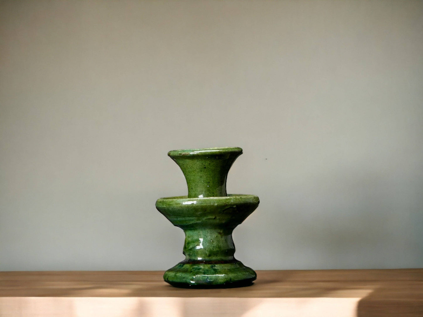 Handmade Moroccan Vintage Tamegroute Green Candlestick Holders: Set of 3 Ceramic Glazed Pottery