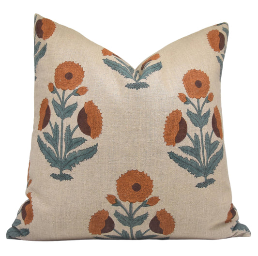 Floral Block Print Linen Pillow / Both Side Print / 24x24 Inch