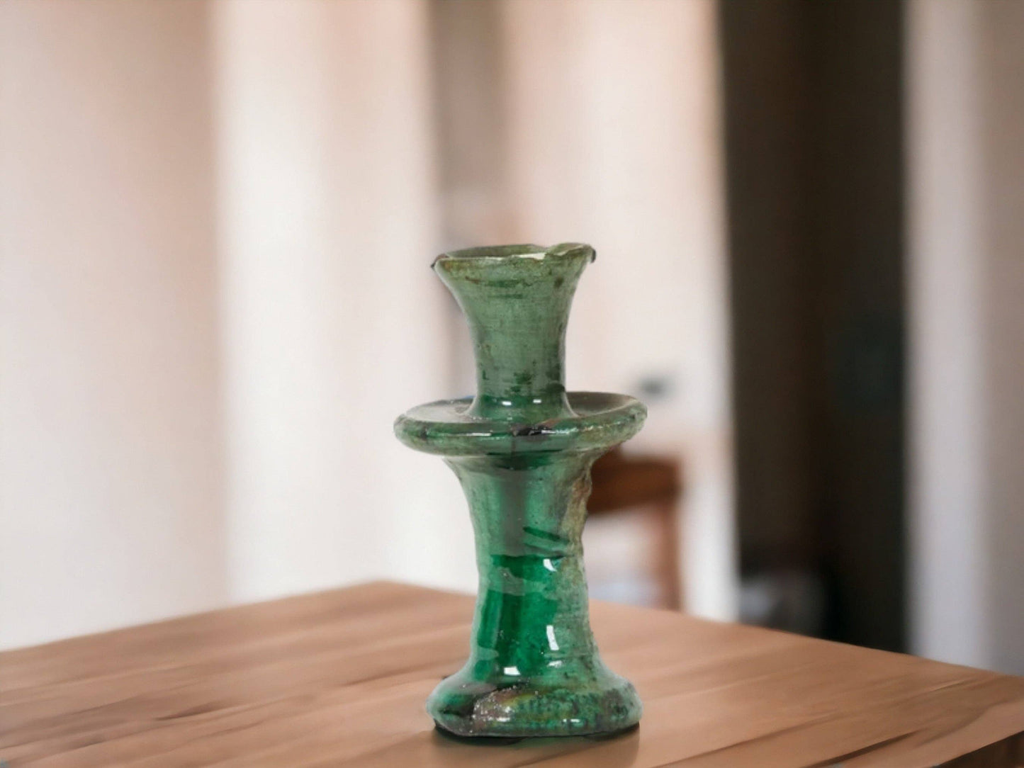 Handmade Moroccan Vintage Tamegroute Green Candlestick Holders: Set of 3 Ceramic Glazed Pottery