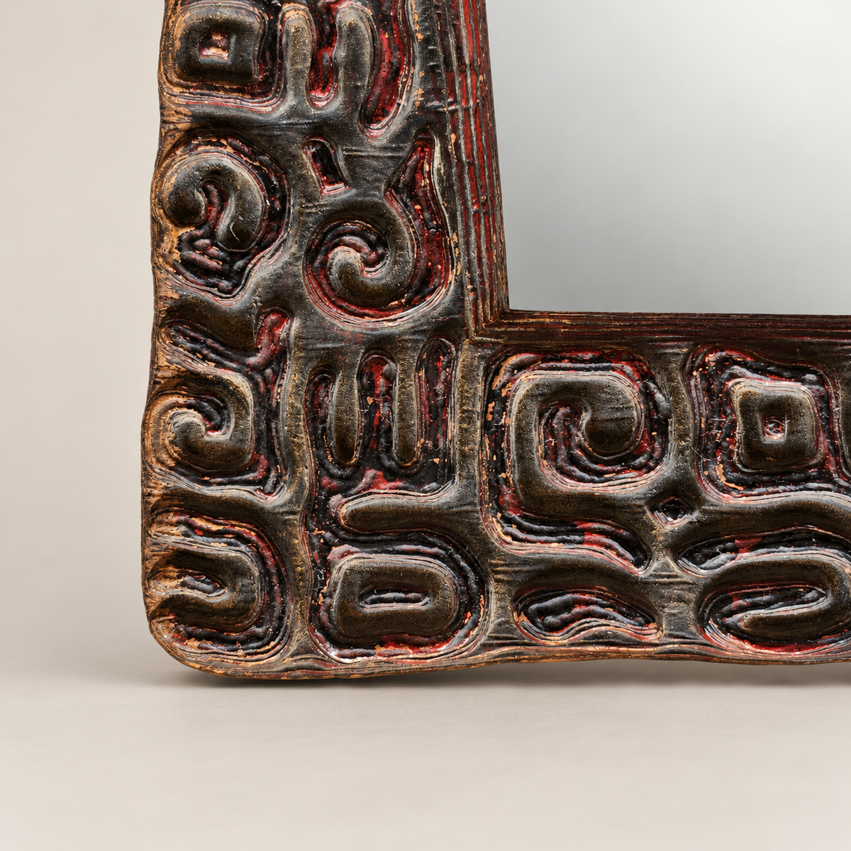 Oceanic-Style Hand-Carved Wood Mirror with Red Lacquer