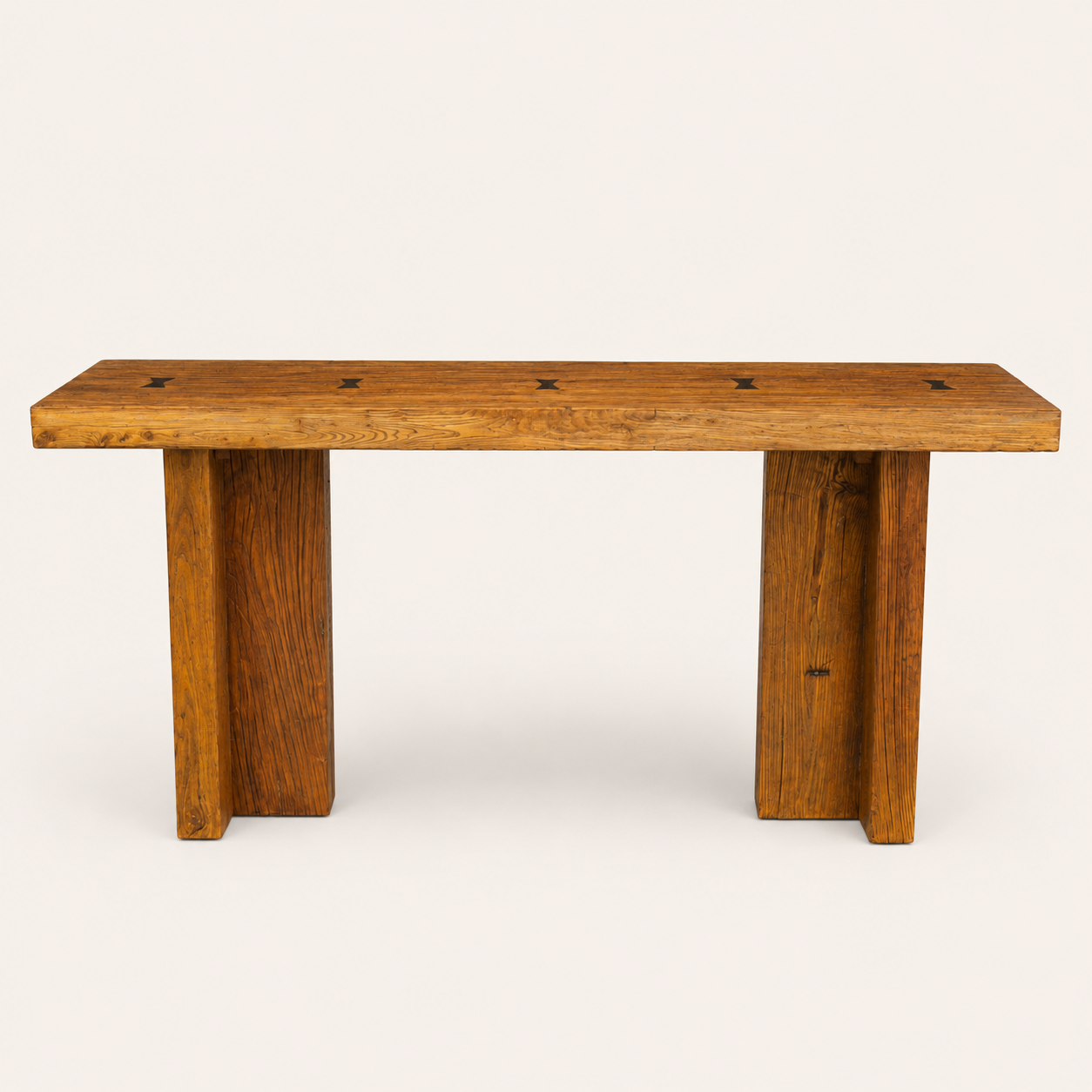 1970s Belgian Style Reclaimed Wood Console Table with Brass Butterfly Key Inlays