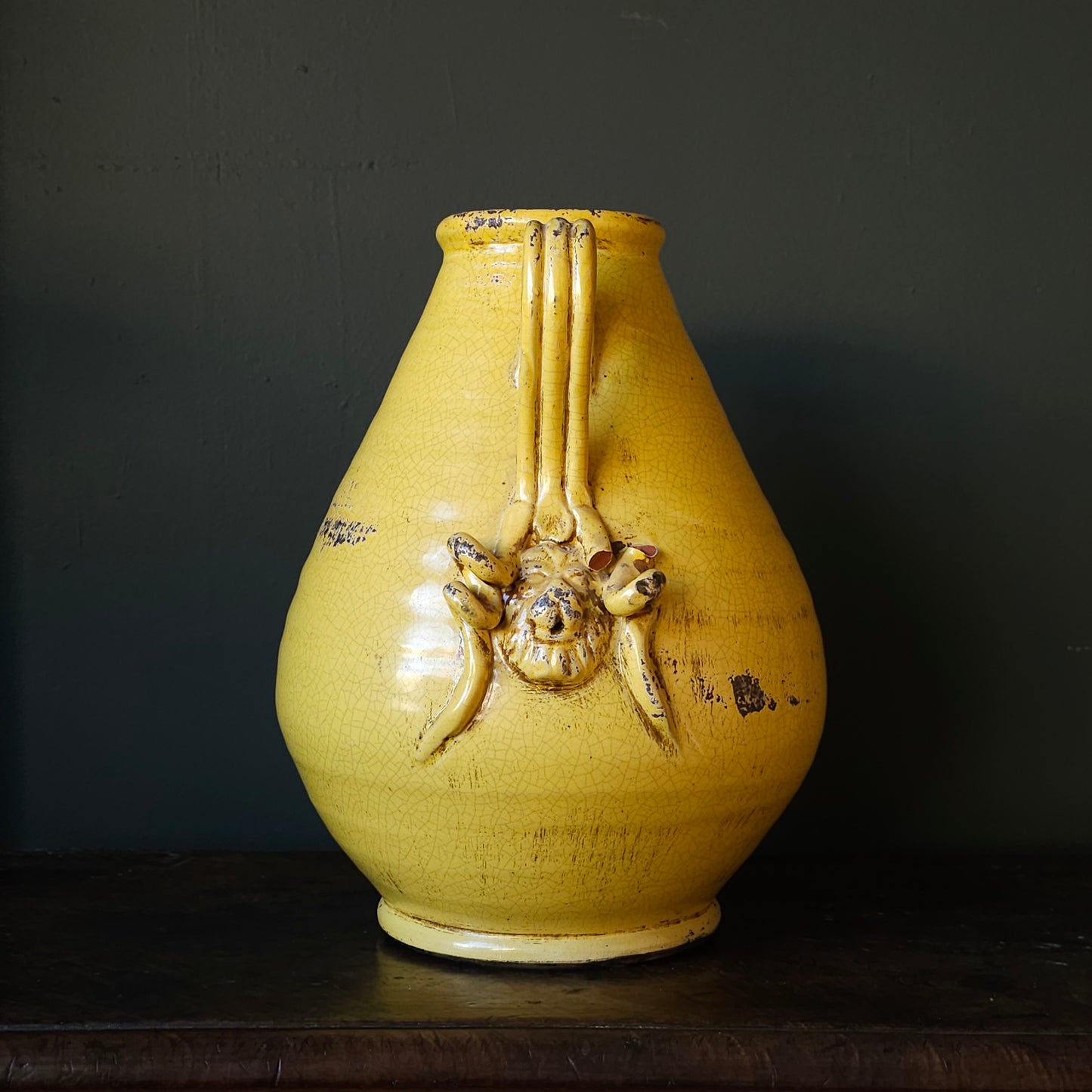 Vintage Terracotta Amphora With Yellow Crackle Glaze & Lion Accent