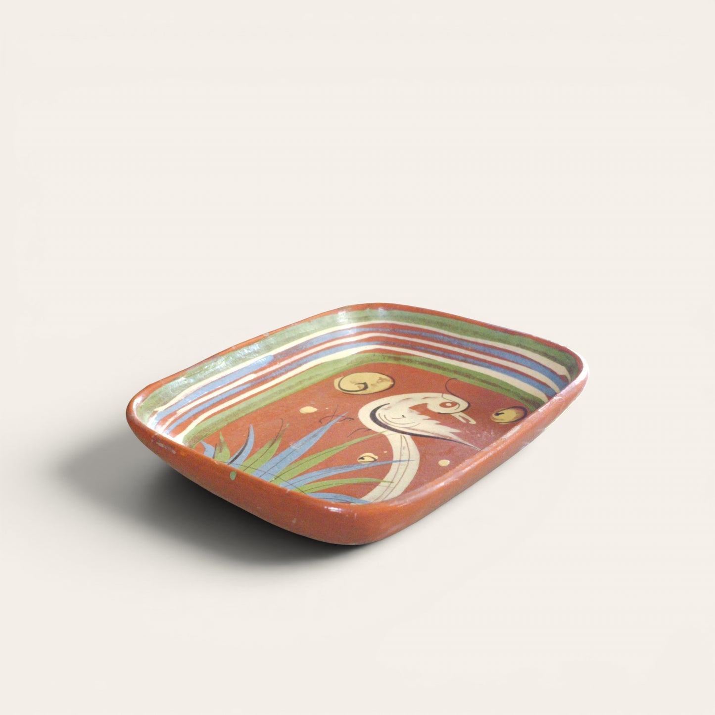 1930s–1940s Mexican Tlaquepaque Pottery Tray with Bird Motif