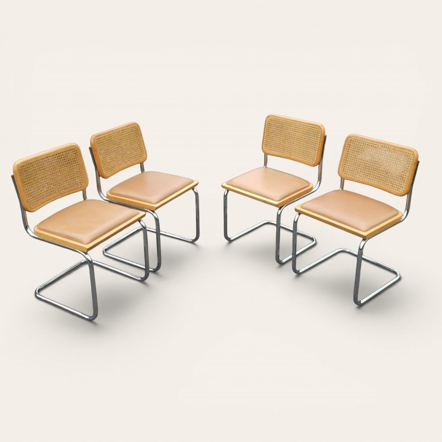 Cesca Dining Chairs, Set of Four, Cane and Leather, Attributed to Marcel Breuer