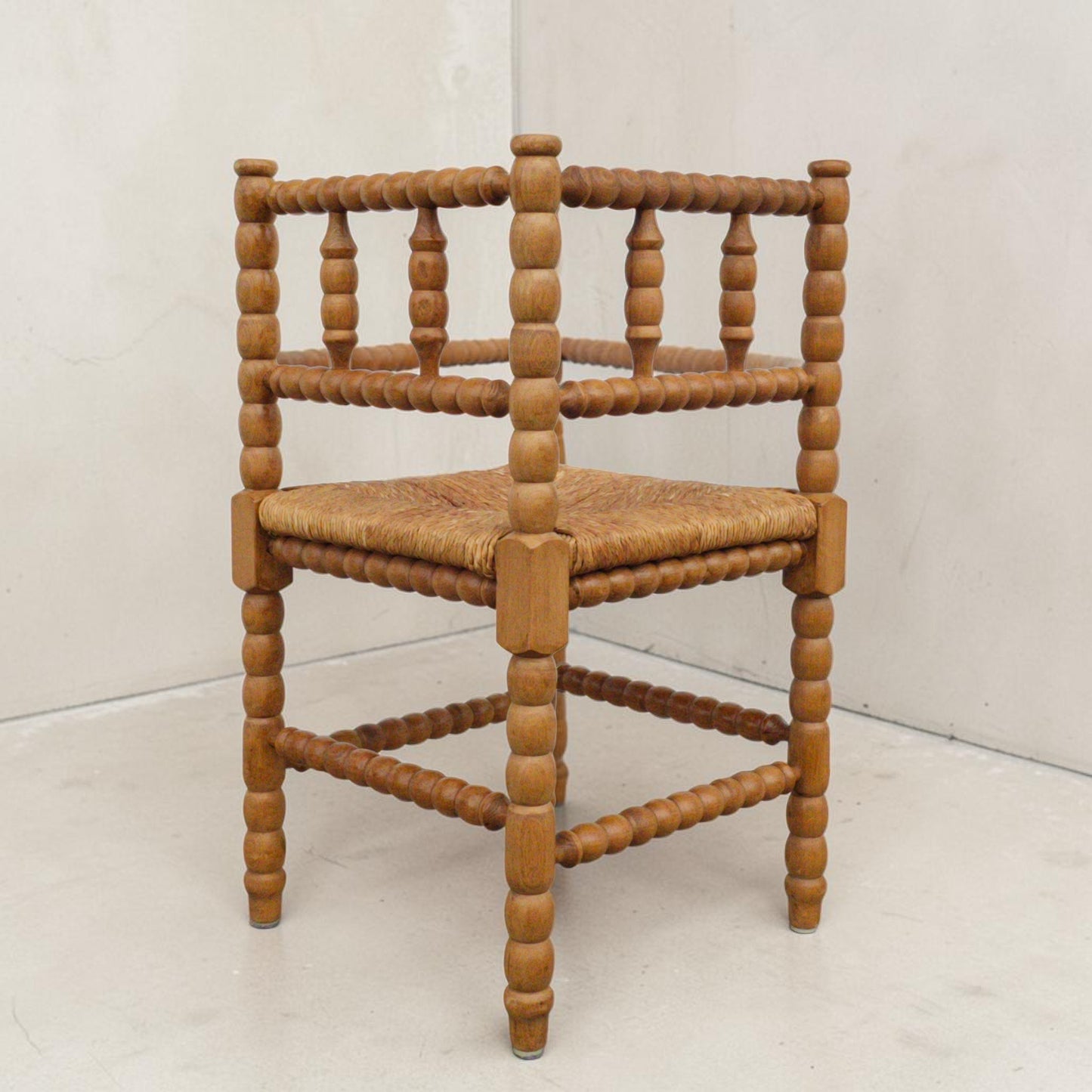 1950s Dutch Bobbin Turned Corner Chair with Rush Seat