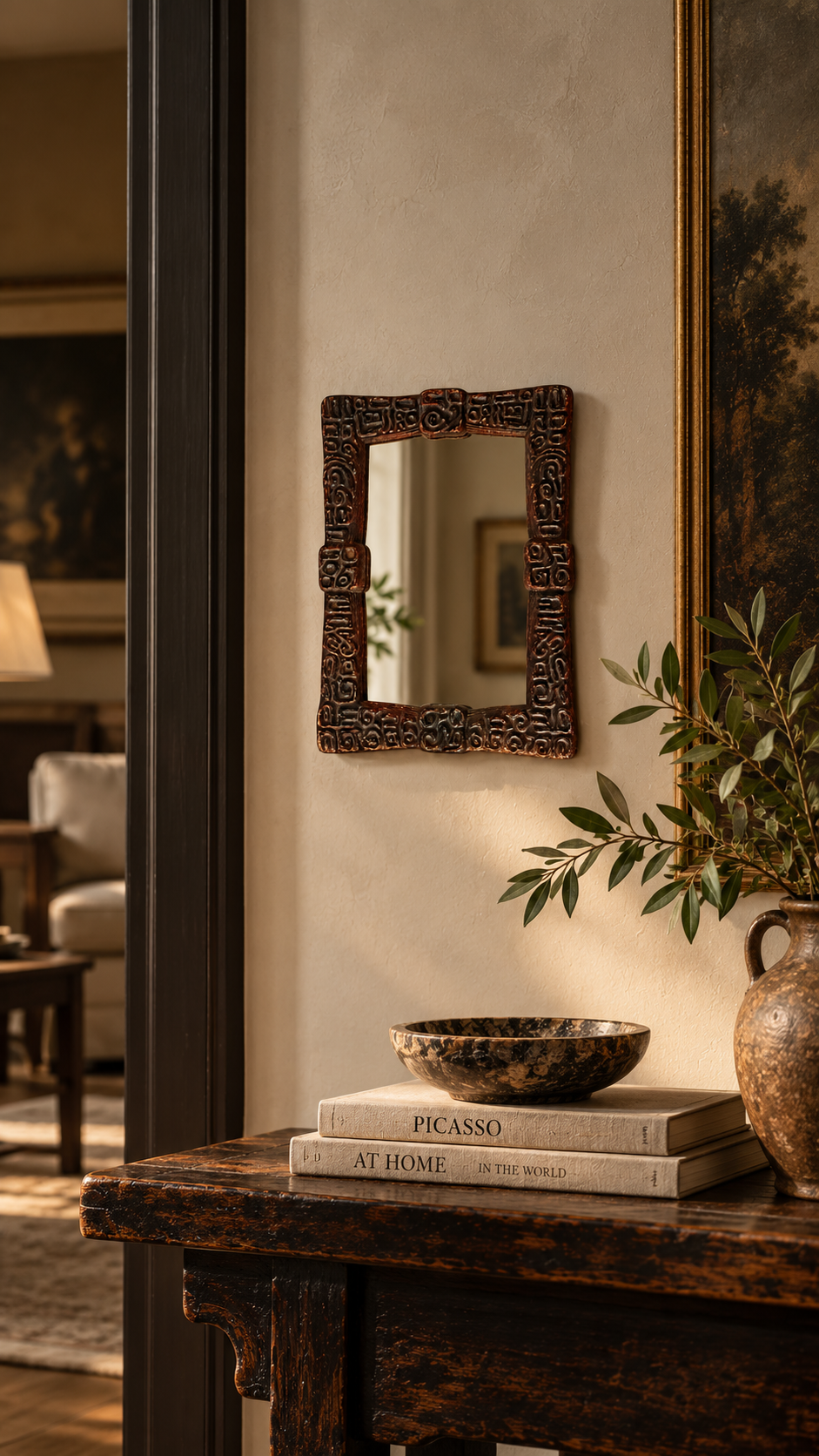 Oceanic-Style Hand-Carved Wood Mirror with Red Lacquer