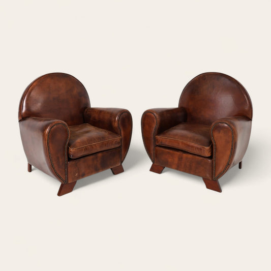 Early 20th Century Dutch Art Deco Leather Club Chairs, Pair