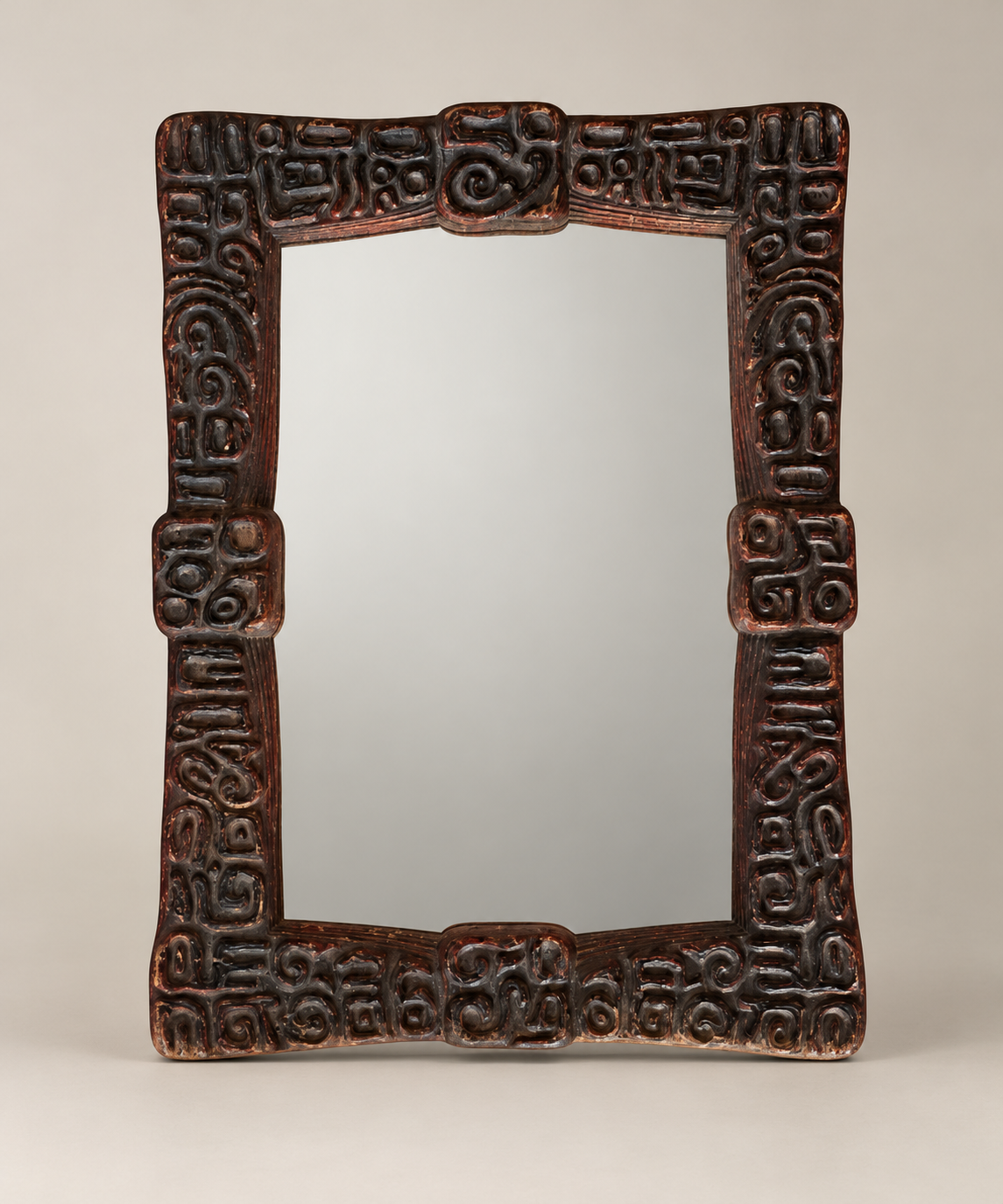 Oceanic-Style Hand-Carved Wood Mirror with Red Lacquer