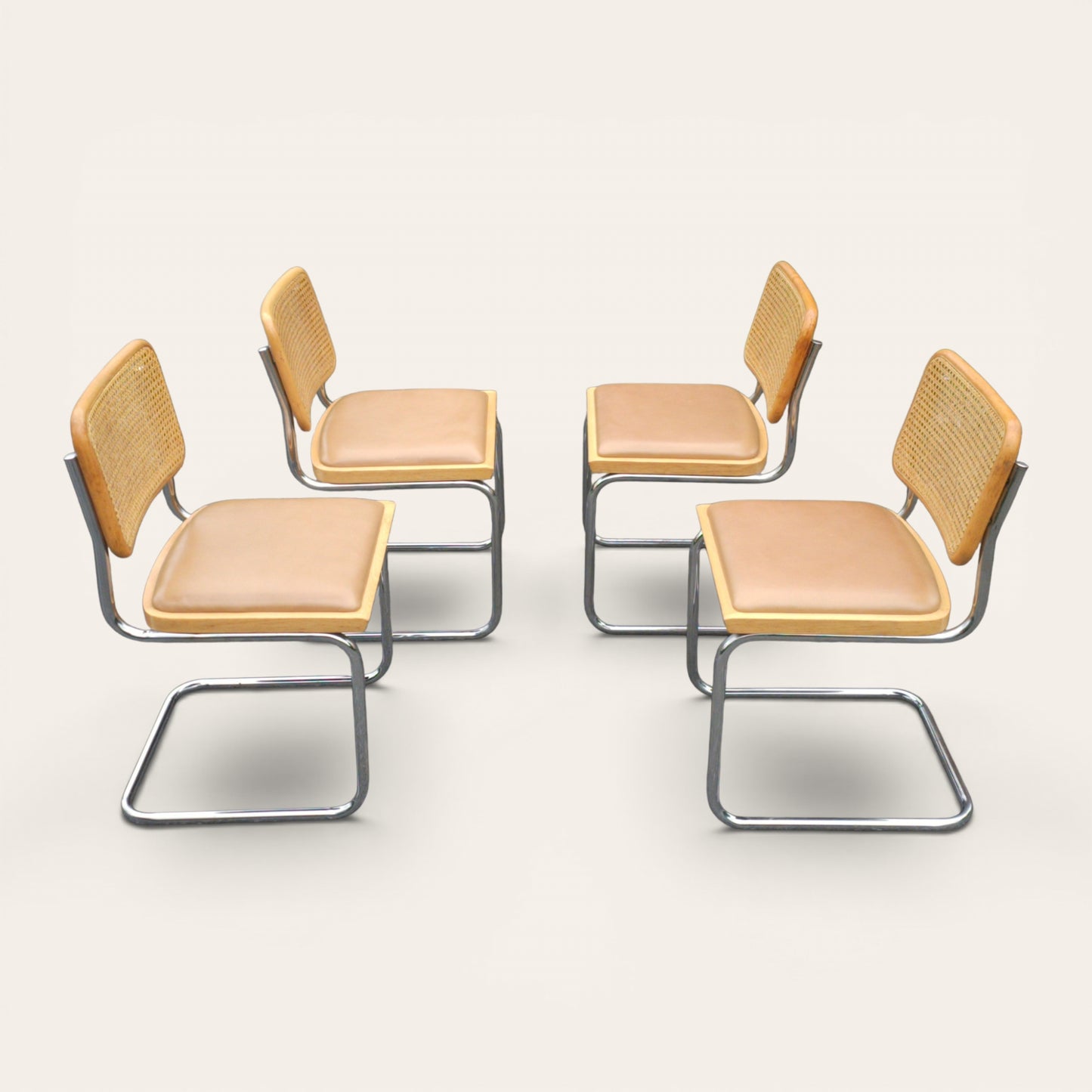Cesca Dining Chairs, Set of Four, Cane and Leather, Attributed to Marcel Breuer