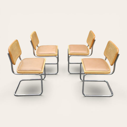 Cesca Dining Chairs, Set of Four, Cane and Leather, Attributed to Marcel Breuer
