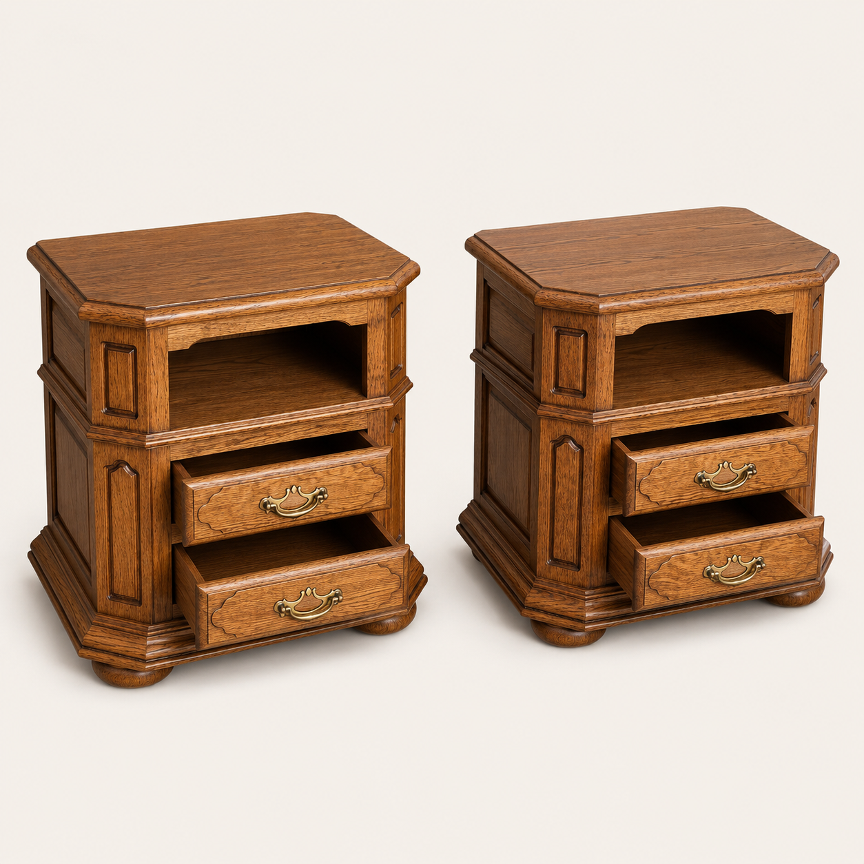1960s French Provincial Style Oak Nightstands with Open Shelves, Pair