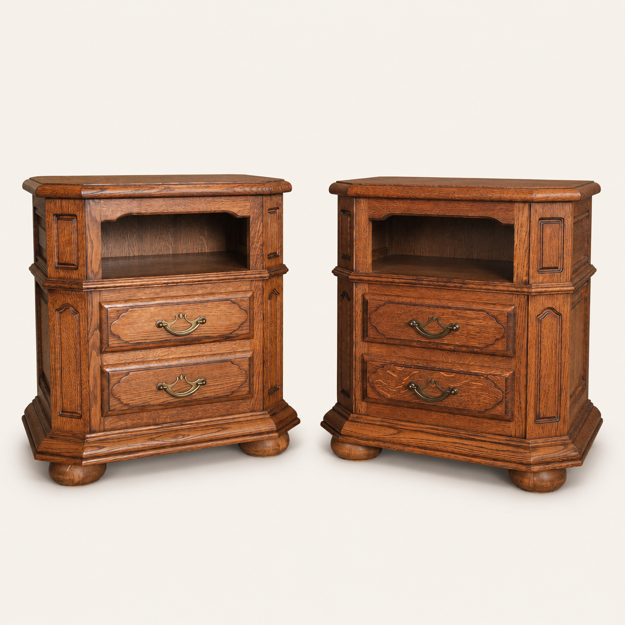 1960s French Provincial Style Oak Nightstands with Open Shelves, Pair