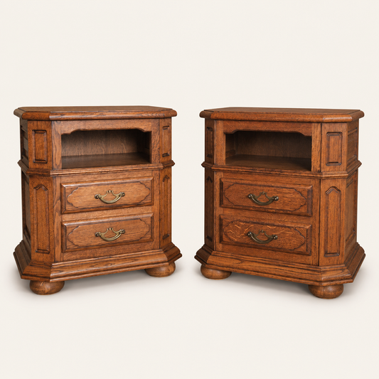 1960s French Provincial Style Oak Nightstands with Open Shelves, Pair