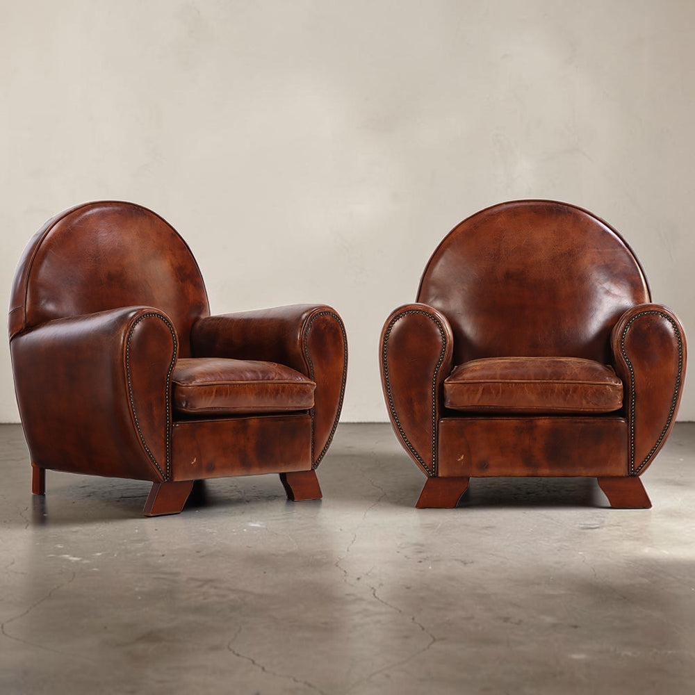 Early 20th Century Dutch Art Deco Leather Club Chairs, Pair