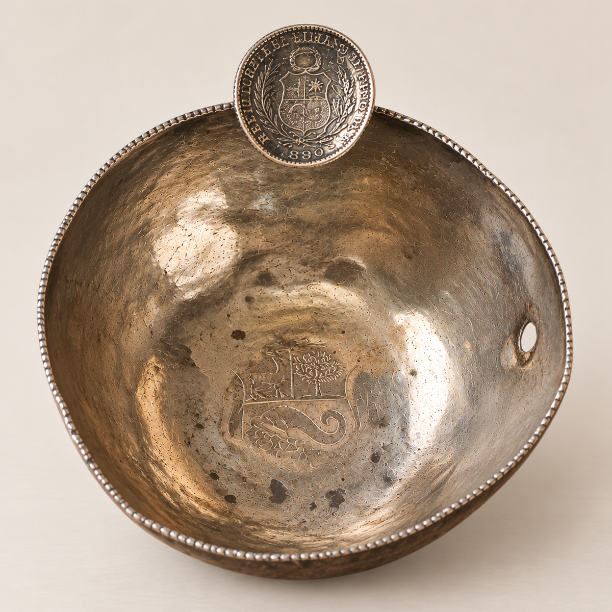 Antique Peruvian Coin-Mounted Silver Wine Tasting Cup