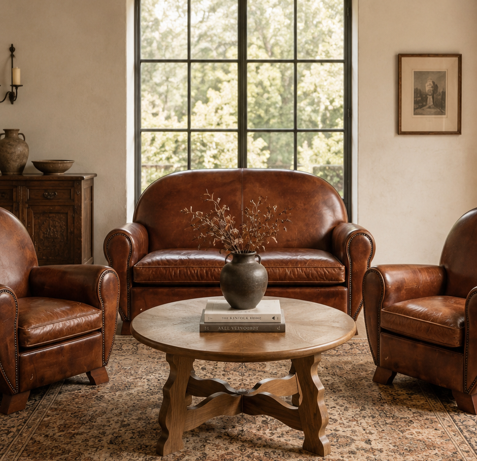 1930s Dutch Art Deco Style Round Back Leather Loveseat, Modernist Form