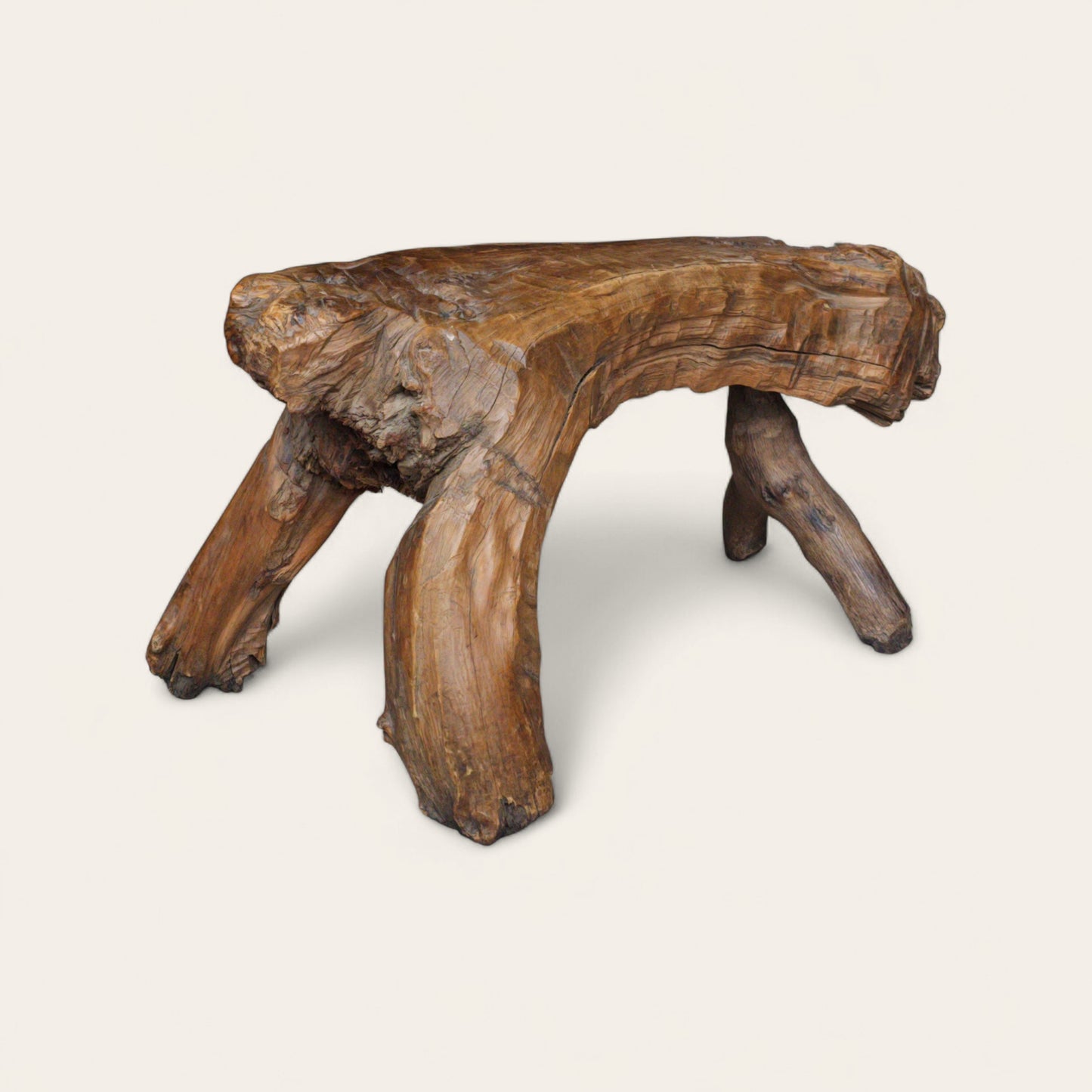 20th Century Folk Art Carved Wood Root-Form Stool with Peg Joinery