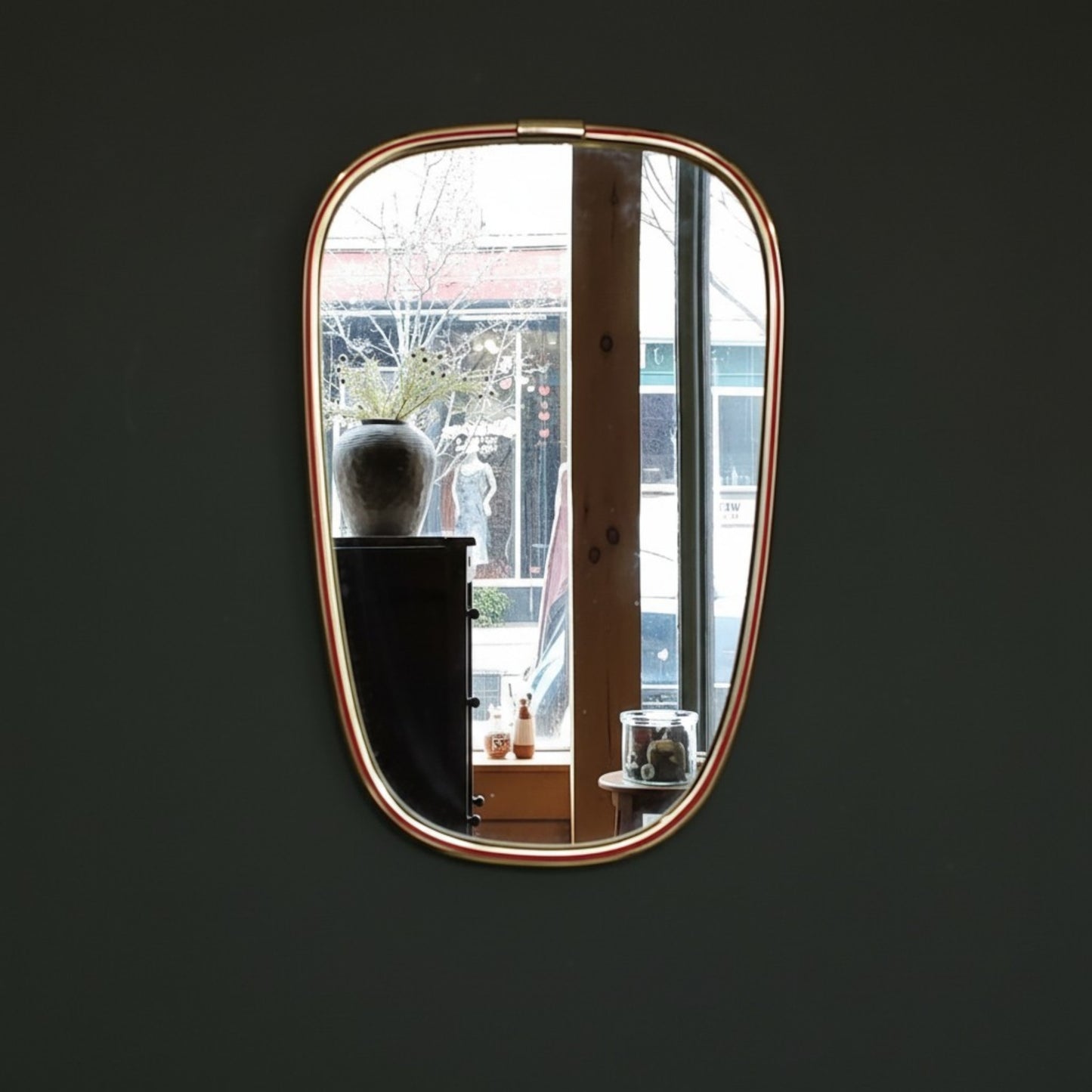 1960s German Brass Wall Mirror with Red Enamel Detail