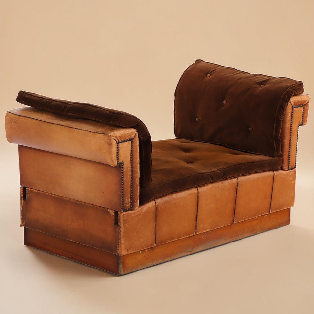 Circa 1920 Art Deco Modular Cognac Leather Chaise Lounge with Velvet Cushions
