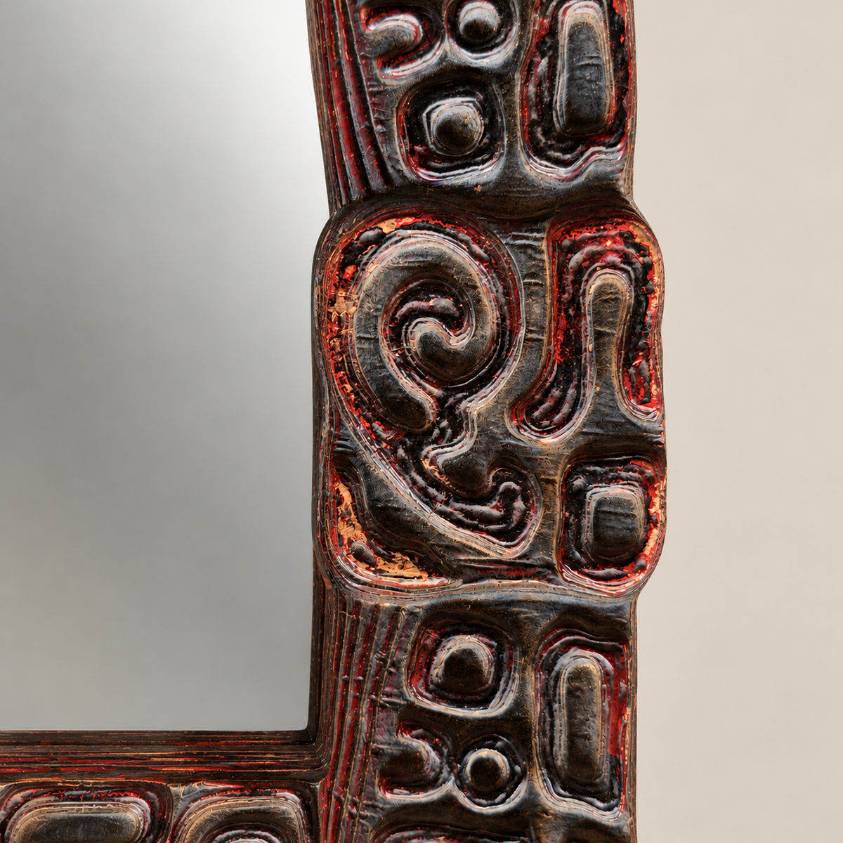 Oceanic-Style Hand-Carved Wood Mirror with Red Lacquer