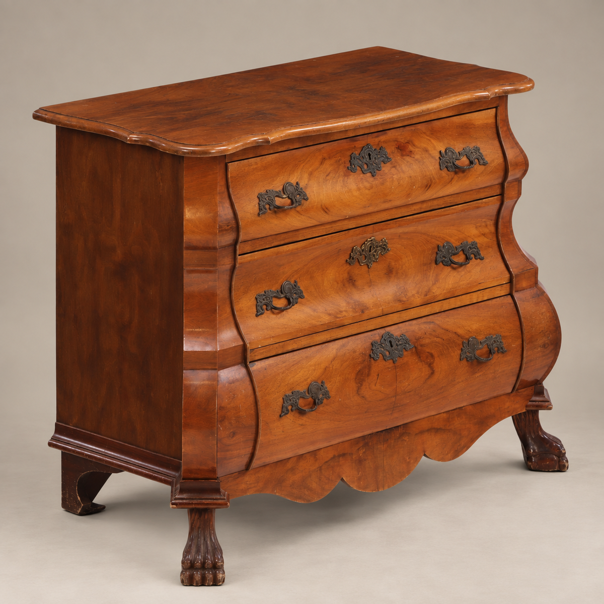 20th Century Dutch Baroque-Style Burr Walnut Bombé Chest of Drawers